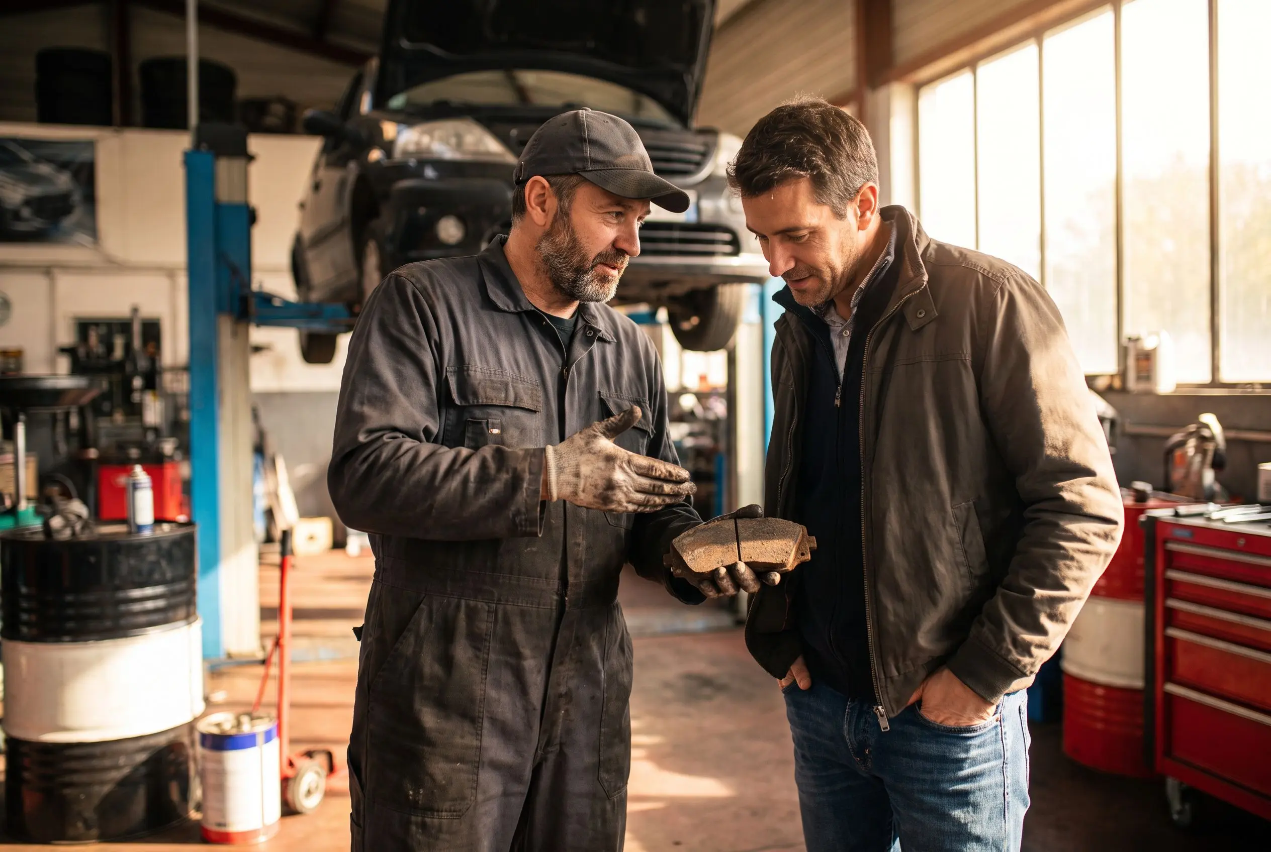 Le mécanicien du Garage Delaunay montre une plaquette usée à un client, à Caen