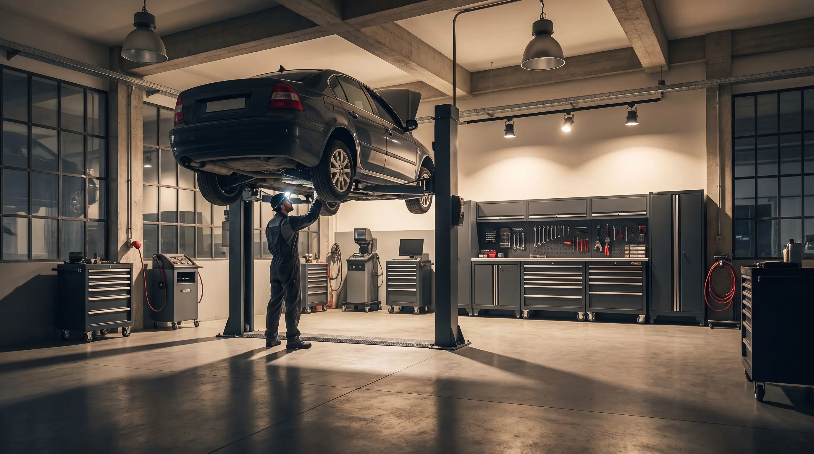 Atelier du Garage Delaunay à Caen : véhicule sur pont élévateur
